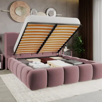 Pat Tapitat Noel tip bubble cu somiera rabatabila si lada de depozitare Roz - Velluto 14 160x200 imagine