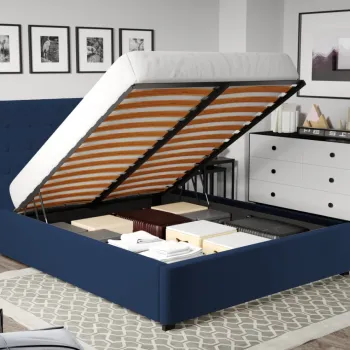 Pat Tapitat Rivo cu somiera rabatabila si lada de depozitare Albastru inchis - Riviera 81 140x200 imagine