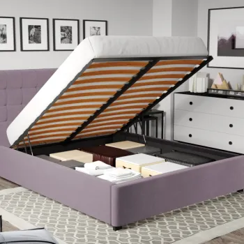 Pat Tapitat Rivo cu somiera rabatabila si lada de depozitare Mov deschis - Jasmine 62 140x200 imagine