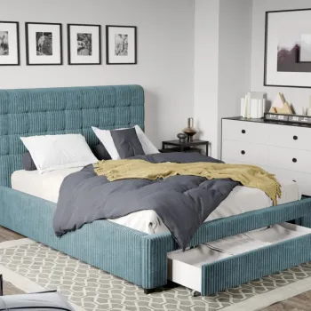 Pat Tapitat Rivo cu somiera si sertar Albastru deschis - Poso 26 160x200 imagine