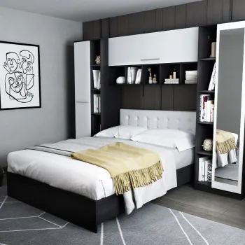 Set Mobila Dormitor Mario 2.87m pat incadrat si oglinda tapitat alb imagine