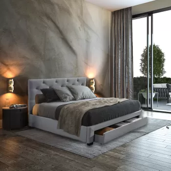 Pat tapitat, cu 2 sertare depozitare si somiera fixa, 140x200, Lars, Gri imagine