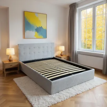 Pat tapitat cu material textil, 140 x 200, cu somiera rabatabila si lada depozitare, Culoare Gri, Kurt imagine