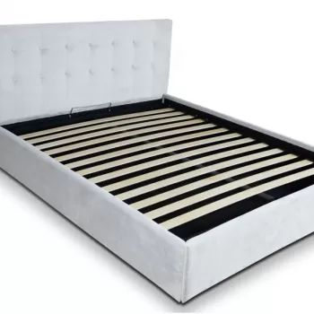 Pat tapitat cu material textil, 140 x 200, somiera rabatabila si lada depozitare, Culoare Alb, Kurt imagine