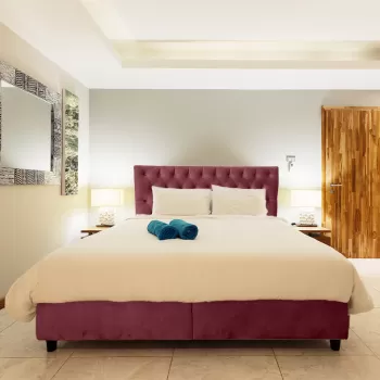 Pat tapitat, cu somiera rabatabila si 2 lazi de depozitare, 140x200, Tunis, Visiniu imagine