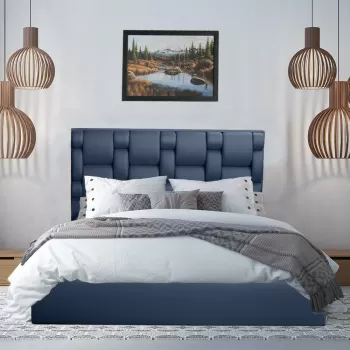 Pat tapitat, cu somiera rabatabila si lada de depozitare, 180x200, Bjorn, Albastru imagine