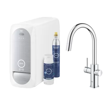 Baterie bucatarie Grohe Blue Home Duo cu dus extractibil pipa C sistem filtrare racire si carbonatare starter kit crom imagine
