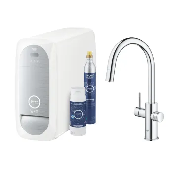 Baterie bucatarie Grohe Blue Home Duo cu dus extractibil  pipa C  sistem filtrare  racire si carbonatare  starter kit  crom imagine