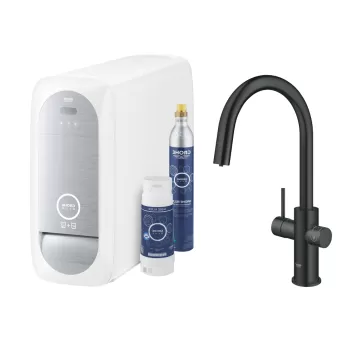 Baterie bucatarie Grohe Blue Home Duo cu dus extractibil pipa C sistem filtrare racire si carbonatare starter kit velvet black imagine