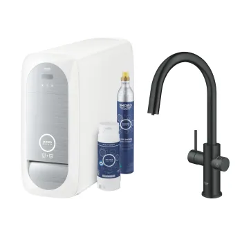Baterie bucatarie Grohe Blue Home Duo cu dus extractibil  pipa C  sistem filtrare  racire si carbonatare  starter kit  velvet black imagine