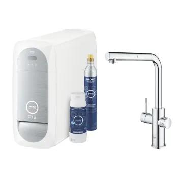 Baterie bucatarie Grohe Blue Home Duo cu dus extractibil  pipa L  sistem filtrare  racire si carbonatare  starter kit  crom imagine