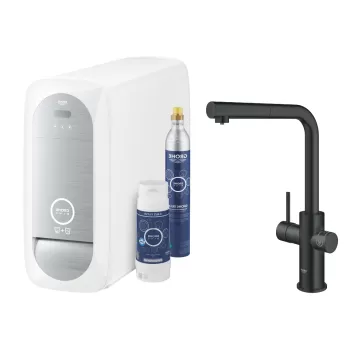 Baterie bucatarie Grohe Blue Home Duo cu dus extractibil pipa L sistem filtrare racire si carbonatare starter kit velvet black imagine