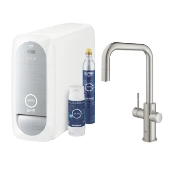 Baterie bucatarie Grohe Blue Home Duo cu dus extractibil  pipa U  sistem filtrare  racire si carbonatare  starter kit  supersteel imagine