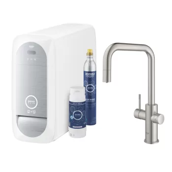 Baterie bucatarie Grohe Blue Home Duo cu dus extractibil pipa U sistem filtrare racire si carbonatare starter kit supersteel imagine