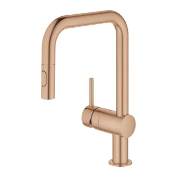 Baterie bucatarie Grohe Minta cu dus extractibil dual spray  pipa U  brushed warm sunset imagine