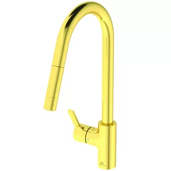 Baterie bucatarie Ideal Standard Gusto 233mm dus extractibil pipa R rotativa brushed gold imagine