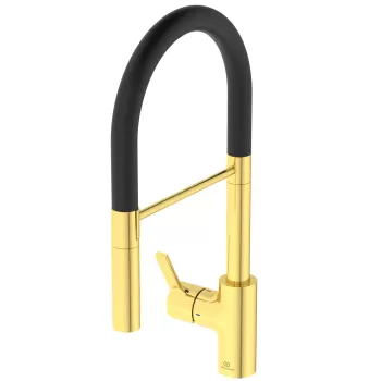 Baterie bucatarie Ideal Standard Gusto semi-pro 142mm pipa flexibila cu dus brushed gold imagine