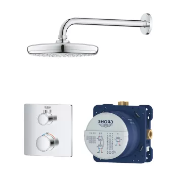 Baterie cada - dus termostatata Grohe Grohtherm Perfect cu montaj incastrat corp ingropat inclus set Tempesta 210 cu palarie si brat de dus de perete crom imagine