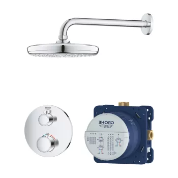 Baterie cada - dus termostatata Grohe Grohtherm Perfect Round cu montaj incastrat corp ingropat inclus set Tempesta 210 cu palarie si brat de dus de perete crom imagine
