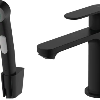 Baterie lavoar Hansgrohe Rebris S 110 EcoSmart cu dus tip bideu pentru igiena intima fara ventil negru mat imagine