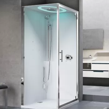 Cabina de dus patrata cu hidromasaj Novellini Eon GF Hammam 90x90cm cromoterapie si telecomanda cadita joasa 4.5cm interior alb lucios finisaj Crom imagine