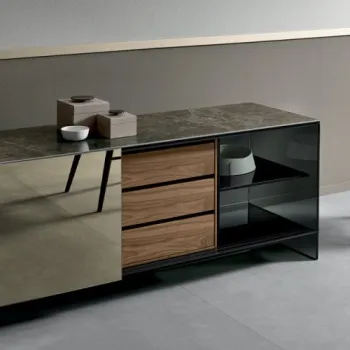 Comoda Tonelli Design Shoji Madia  design Lorenzo De Bartolomeis & Isao Hosoe  150x50cm  h 62cm  structura sticla Fume  usa oglinda  top ceramic imagine