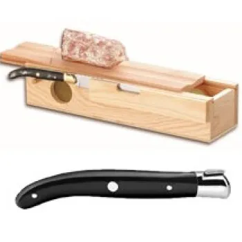 Cutit Claude Dozorme Laguiole Carving Sausage Box cu maner rasina negru bolster inox cutie lemn fag imagine