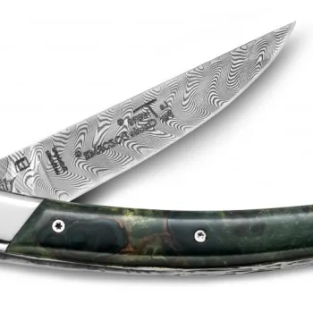 Cutit pliabil de buzunar Claude Dozorme Thiers(R) RLT lama damasc maner din lemn plop verde imagine