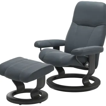 Fotoliu cu taburet Stressless Consul Classic M cadru Grey tapiterie piele Batik Atlantic Blue imagine