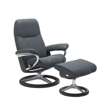 Fotoliu cu taburet Stressless Consul Signature M cadru Grey tapiterie piele Batik Atlantic Blue imagine