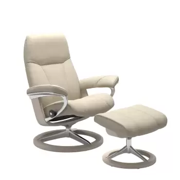 Fotoliu cu taburet Stressless Consul Signature M cadru Whitewash tapiterie piele Batik Cream imagine