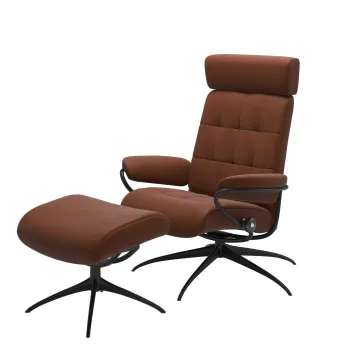 Fotoliu cu taburet Stressless London Star M cu tetiera ajustabila cadru negru mat tapiterie piele Paloma Copper imagine