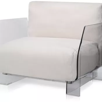 Fotoliu exterior Kartell Pop Outdoor design Piero Lissoni & Carlo Tamborini cadru transparent perne Sunbrella alb imagine