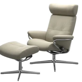 Fotoliu recliner cu taburet Stressless Berlin Cross cu tetiera ajustabila cadru Polished tapiterie piele Paloma Light Grey imagine