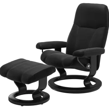 Fotoliu recliner cu taburet Stressless Consul Classic M cadru Black tapiterie piele Paloma Black imagine