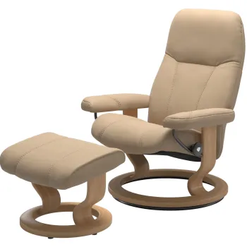 Fotoliu recliner cu taburet Stressless Consul Classic M cadru Oak tapiterie piele Paloma Beige imagine