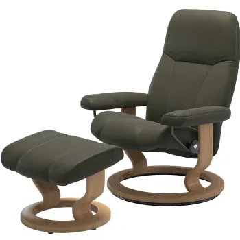 Fotoliu recliner cu taburet Stressless Consul Classic M cadru Oak tapiterie piele Paloma Dark Olive imagine