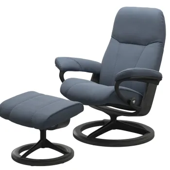 Fotoliu recliner cu taburet Stressless Consul Signature M cadru Black-Grey tapiterie piele Paloma Sparrow Blue imagine