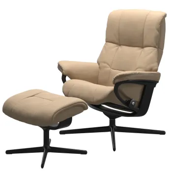 Fotoliu recliner cu taburet Stressless Mayfair Cross M cadru Black tapiterie piele Paloma Beige imagine