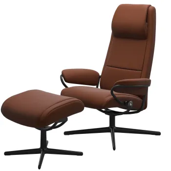 Fotoliu recliner cu taburet Stressless Paris Cross cu spatar inalt cadru Matte Black tapiterie piele Paloma Cooper imagine