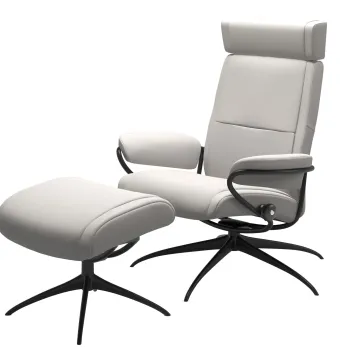 Fotoliu recliner cu taburet Stressless Paris Star cu tetiera reglabila cadru Matte Black tapiterie piele Batick Milky White imagine