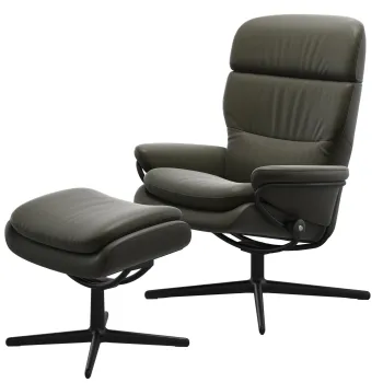 Fotoliu recliner cu taburet Stressless Rome Cross cu tetiera reglabila cadru Matte Black tapiterie piele Paloma Dark Olive imagine