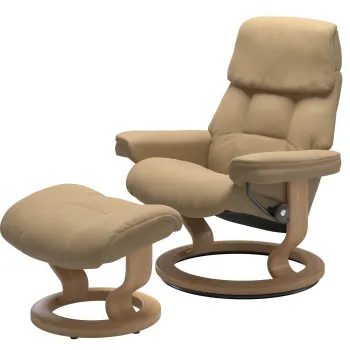 Fotoliu recliner cu taburet Stressless Ruby M Classic baza Oak tapiterie piele Paloma Sand imagine