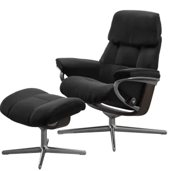 Fotoliu recliner cu taburet Stressless Ruby M Cross baza Polished - Wenge stain tapiterie piele Paloma Black imagine