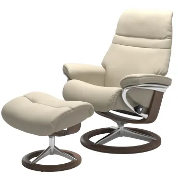 Fotoliu recliner cu taburet Stressless Sunrise L Signature baza Polished - Walnut stain tapiterie piele Batick Cream imagine