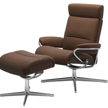 Fotoliu recliner cu taburet Stressless Tokyo Cross cu tetiera ajustabila cadru Polished tapiterie piele Batick Warm Brown imagine