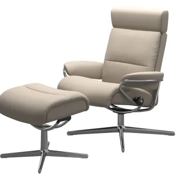 Fotoliu recliner cu taburet Stressless Tokyo Cross cu tetiera ajustabila cadru Polished tapiterie piele Paloma Fog imagine