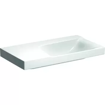 Lavoar asimetric Geberit Xeno2 90x48cm fara orificiu baterie fara preaplin raft stanga KeraTect alb imagine