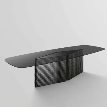 Masa Tonelli Design Bow  design Massimo Castagna  200x110cm  h 75cm  baza sticla T-Squares Fume  top sticla Fume imagine