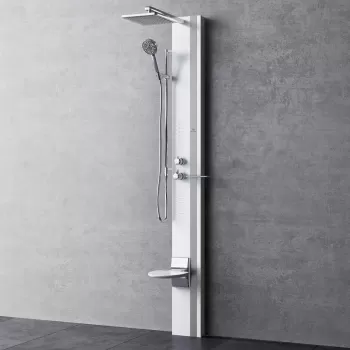 Panel dus cu hidromasaj Novellini Line 1 cu baterie termostatata scaun si iluminare aluminiu alb mat si detalii gri imagine